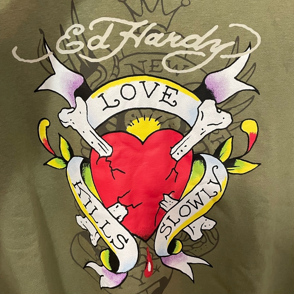 Ed Hardy lt olive long sleeve pullover hoodie double sided graphics XL New